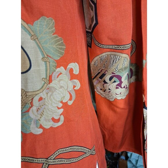 Citron Santa Monica Silk Linen Blouse Shirt Asian Print Size S - Picture 2 of 4